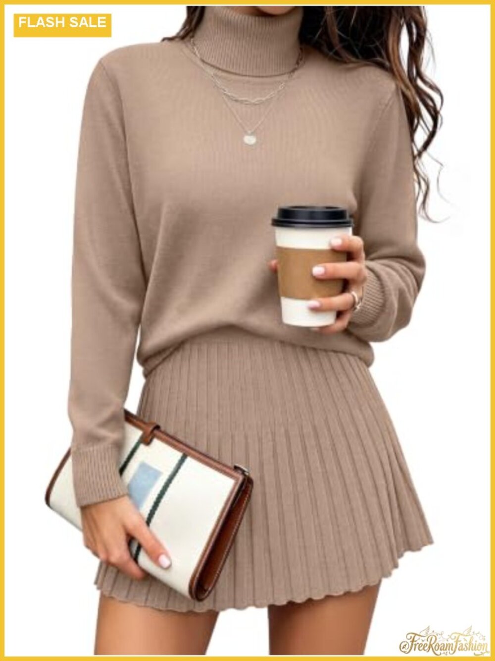 2 Piece Turtleneck Sweater and Pleated Mini Skirt Set for Women Fall Outfit